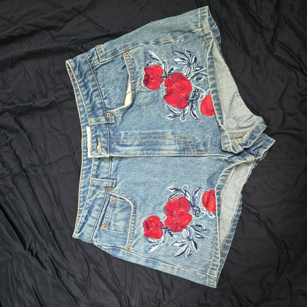 H&M Blue and Red Jean Shorts with Cherry Appliques